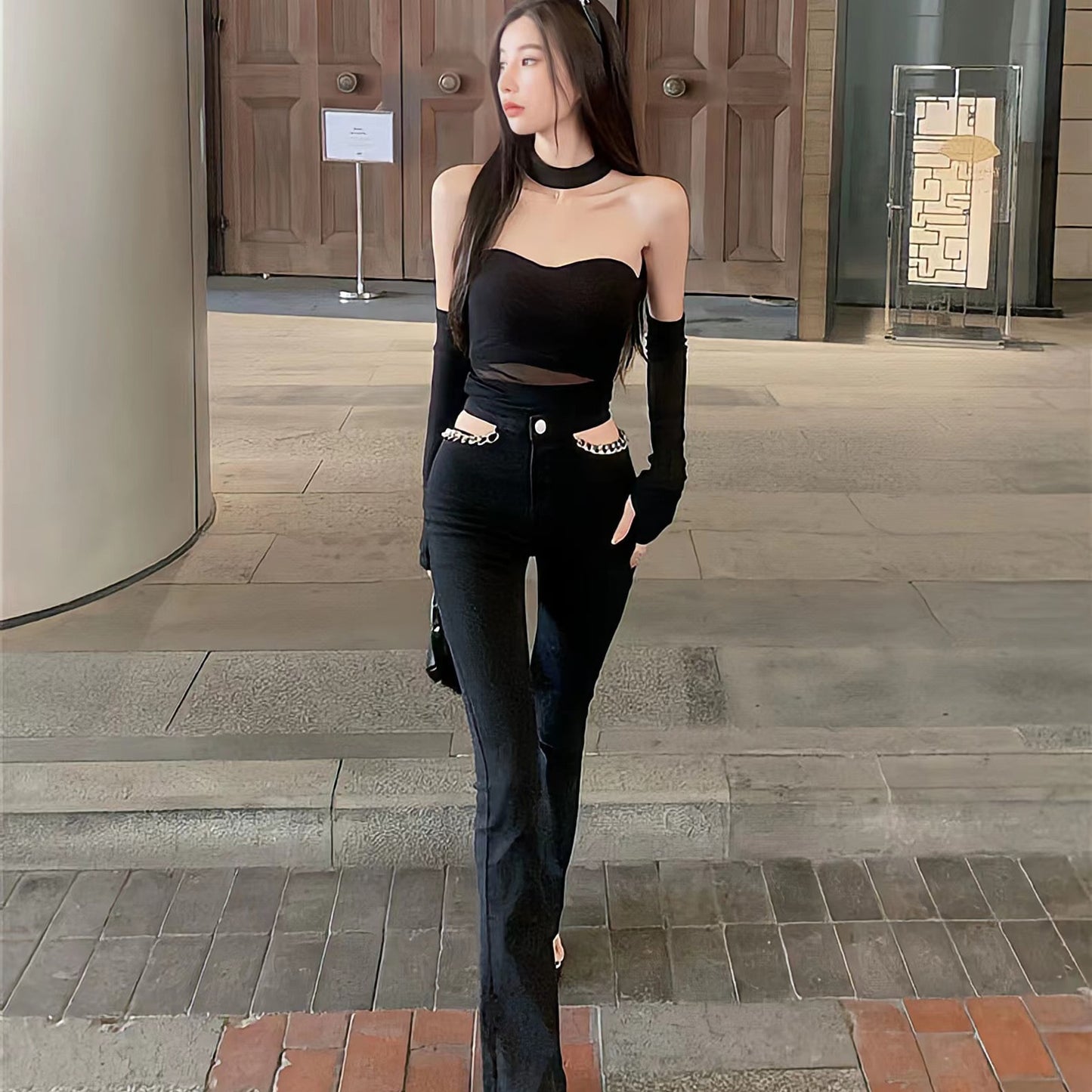 2023 New High Street Sexy Style Black Thin Hollow Chain Flared Jeans Women&#39;S High Waist Design Floor Mopping Women&#39;S Pants - taylorkinfo