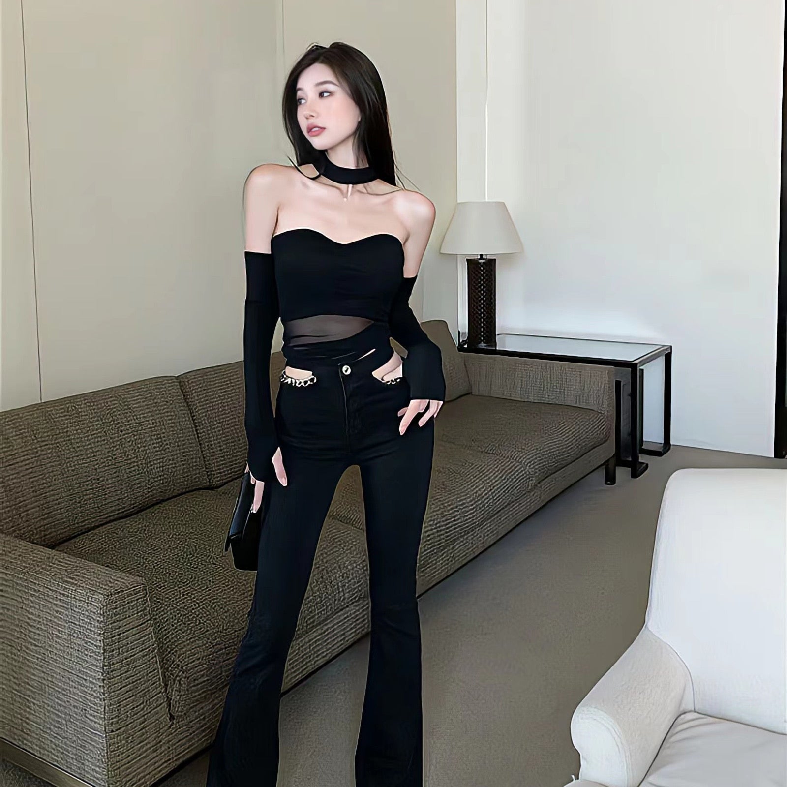 2023 New High Street Sexy Style Black Thin Hollow Chain Flared Jeans Women&#39;S High Waist Design Floor Mopping Women&#39;S Pants - taylorkinfo