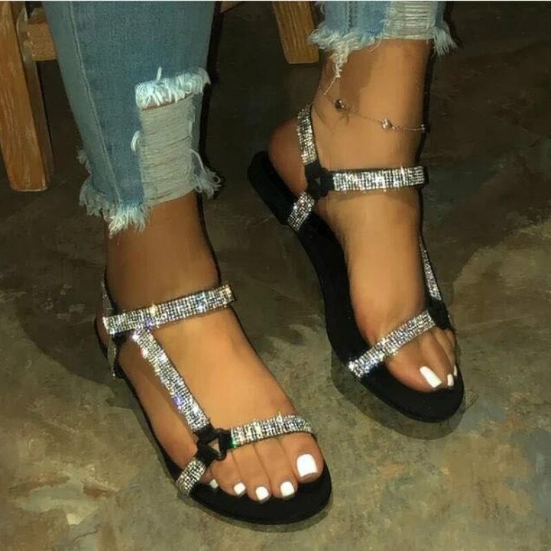 2023 Flat Sandals Women Fashion Summer Rhinestone Women Sandal Outdoor Beach Shoes Simple Crystal Shoe Plus Size 35 - 43 - Taylor K Shop
