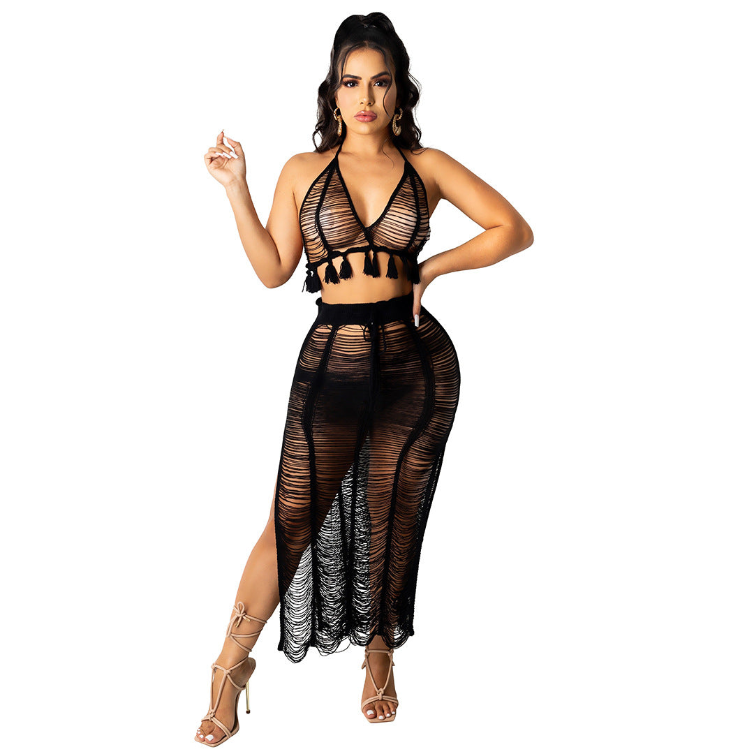 Women's Sexy Knitted Suit Hollow Swimsuit Two-piece Skirt - taylorkinfo