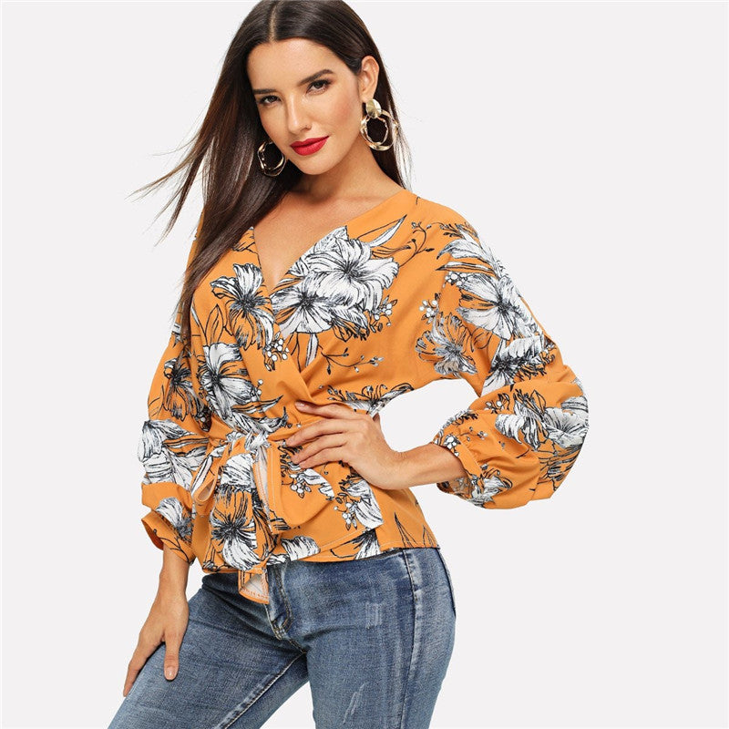 2021 Summer New Amazon Explosion Digital Printed Belt Lantern Sleeve Blouse Shirt