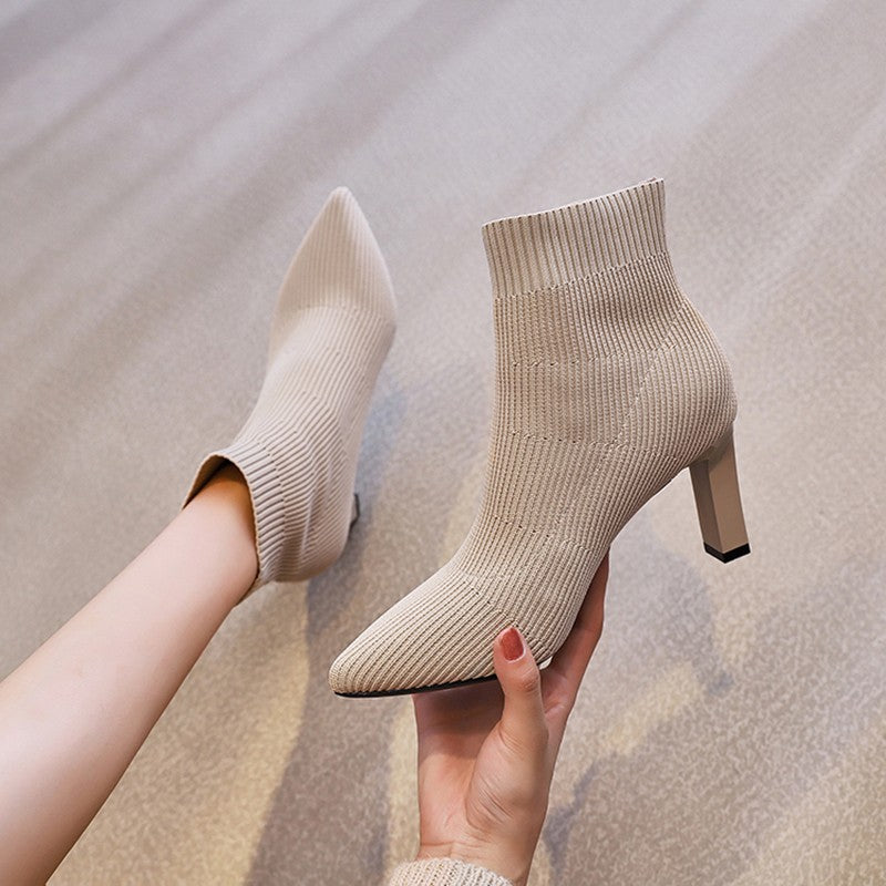 Pointed toe all-match knitted high-heeled ankle boots