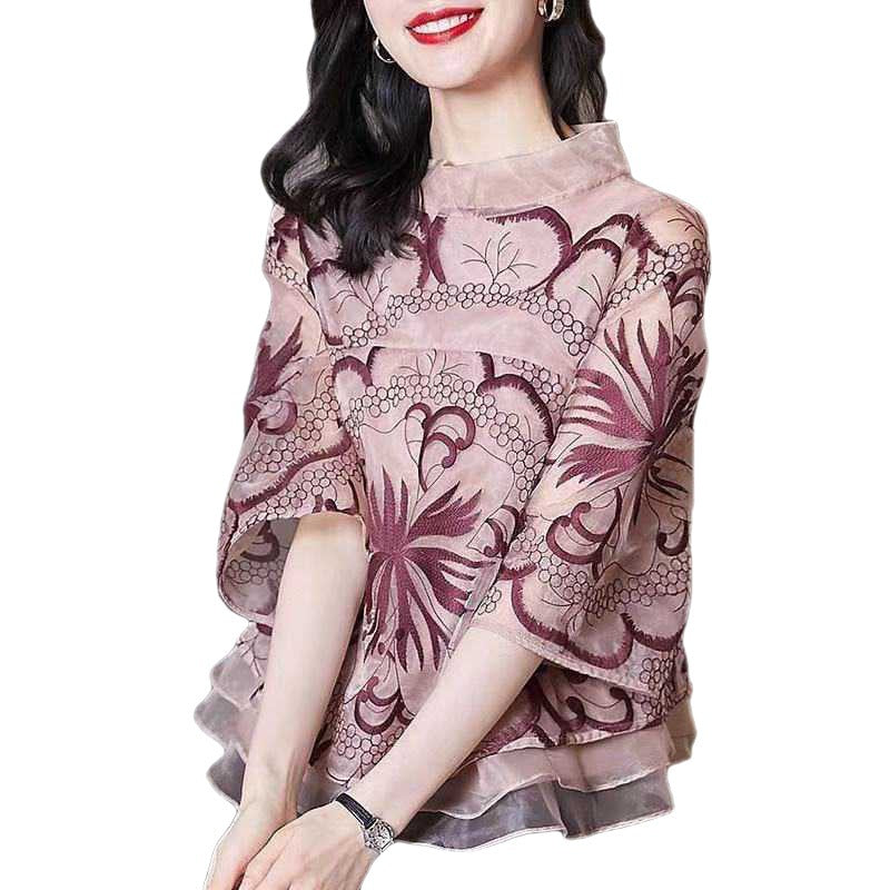 Summer Design Sense Cover Belly And Look Thin Printed Fashion Chiffon Blouse Women