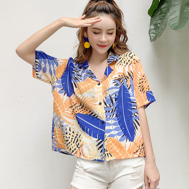 Summer retro V-neck short sleeve shirt blouse