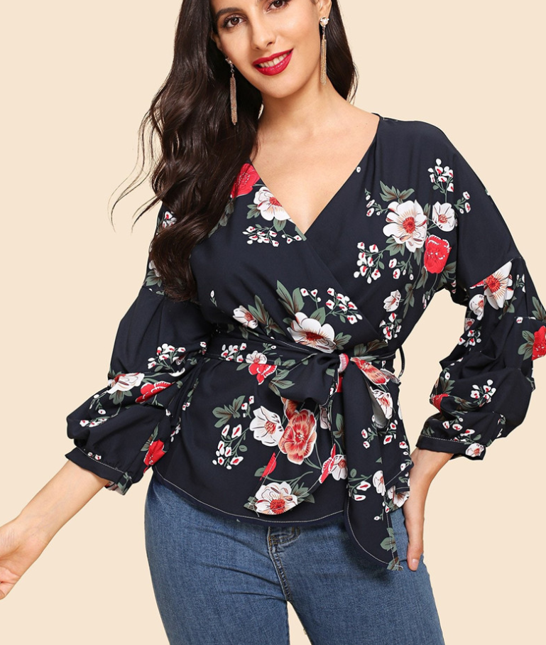 2021 Summer New Amazon Explosion Digital Printed Belt Lantern Sleeve Blouse Shirt