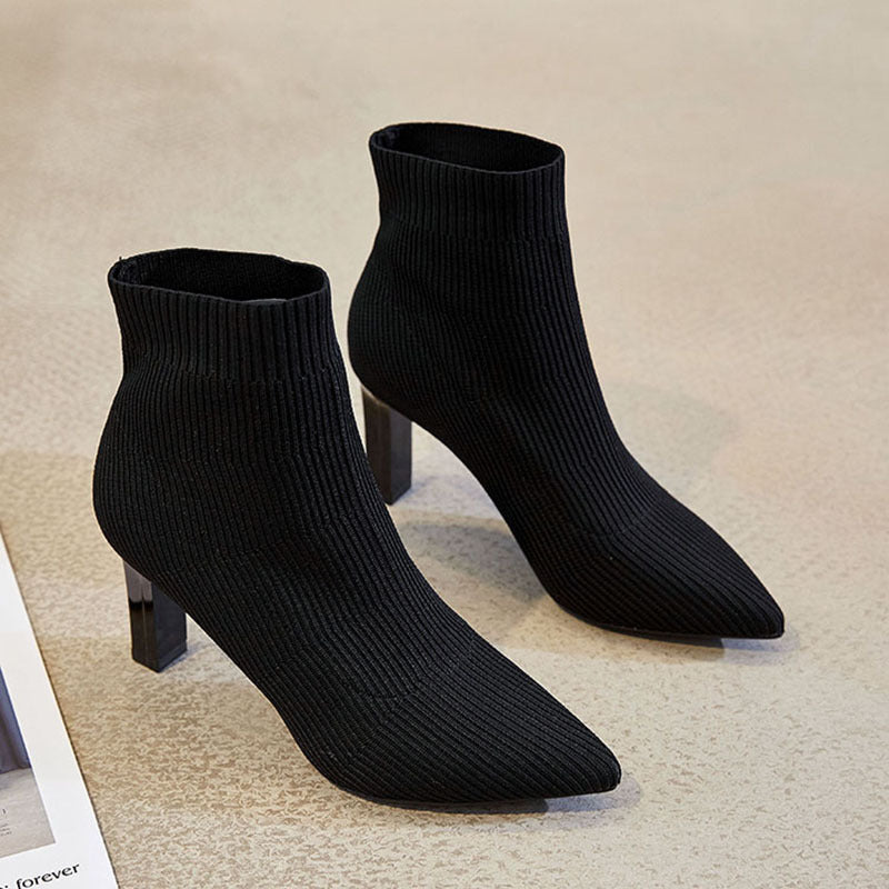 Pointed toe all-match knitted high-heeled ankle boots