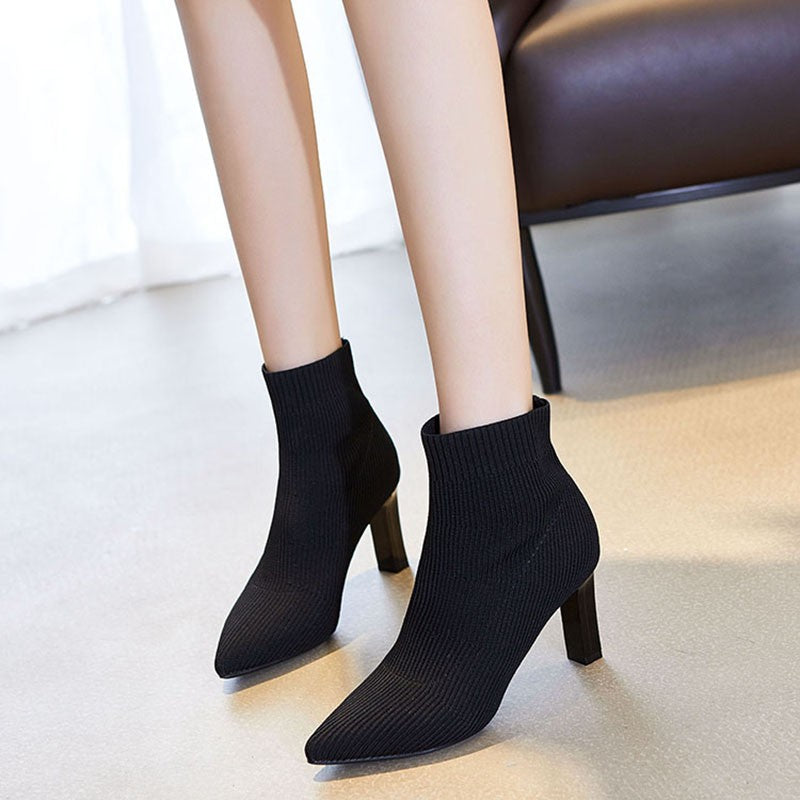 Pointed toe all-match knitted high-heeled ankle boots