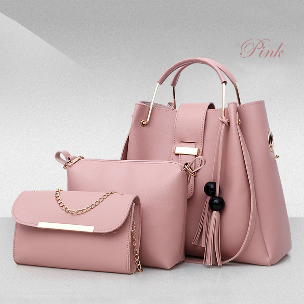 Women 3Pcs Or Set Handbags PU Leather Shoulder Bags Casual Tote Bag Tassel Metal Handle Designer Composite Bags - taylorkinfo