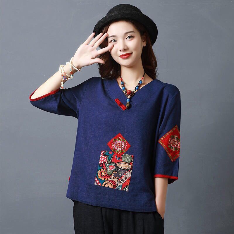 Spring And Summer Women's Casual V-neck Ethnic Cotton And Linen Blouse