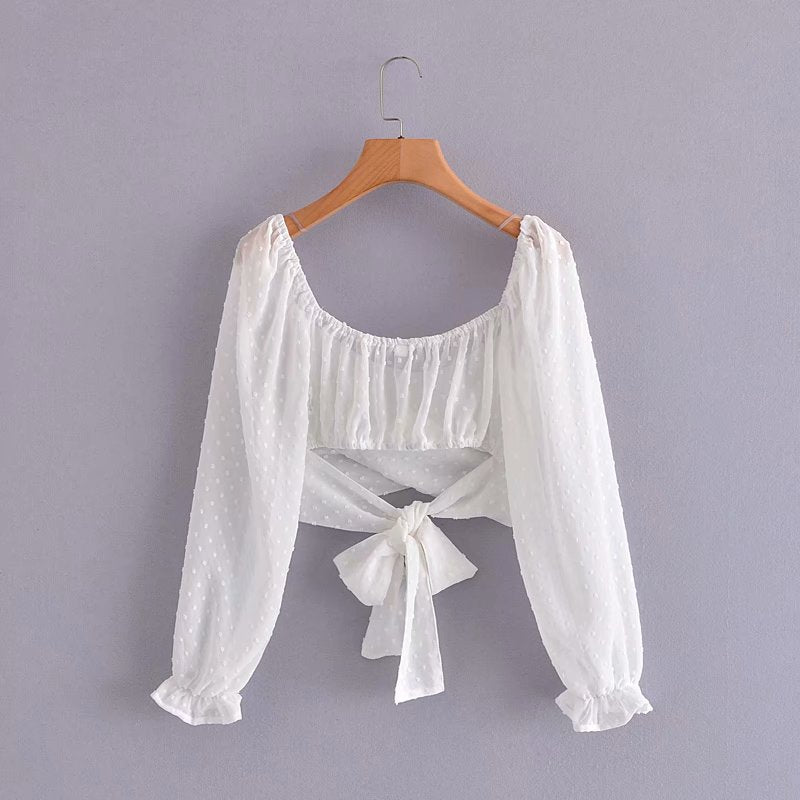 Summer Women Slash Neck Flocking Chiffon Short Blouse Smock Female Long Sleeve Shirt