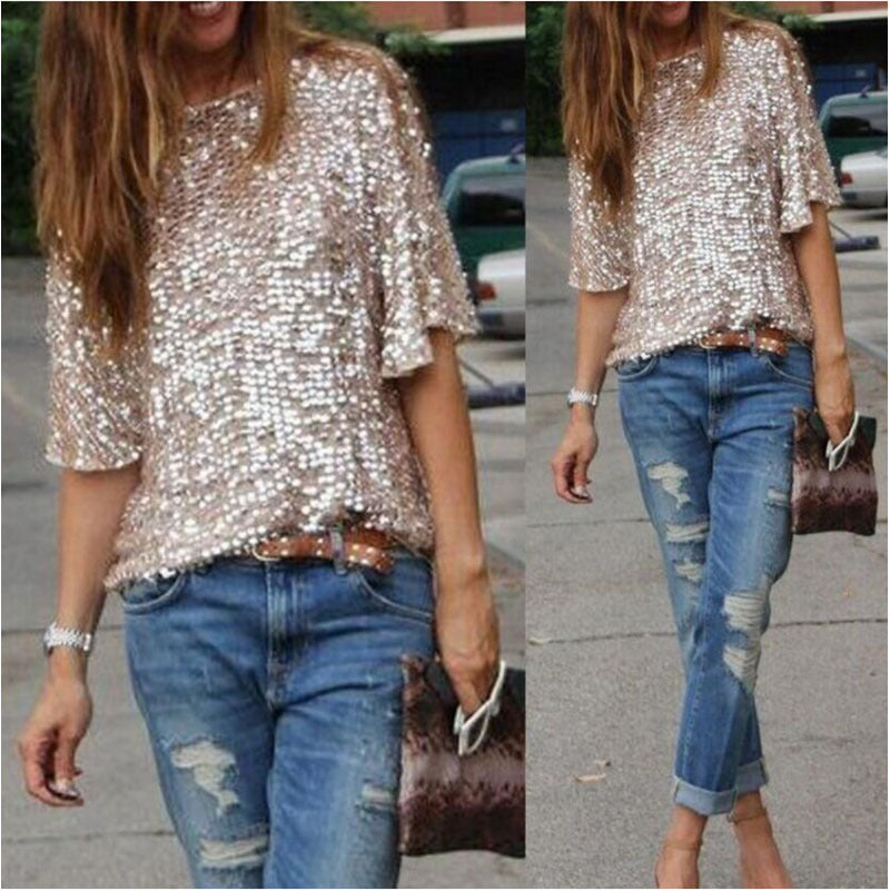 New 2021 Fashion Women Sexy Loose Off Shoulder Sequin Glitter Blouses Summer Casual Shirts Vintage Streetwear Party Tops