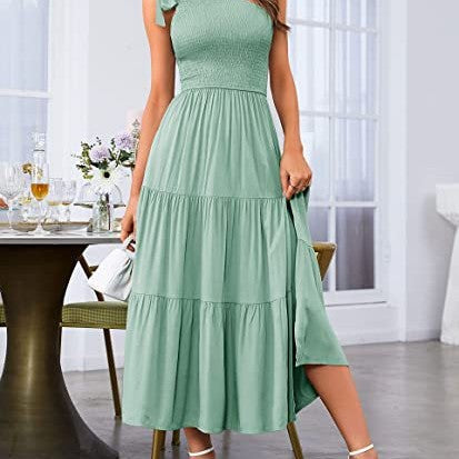 2023 New Summer Fashion Women's One-shoulder Pleated Layered Hem Split Dress - taylorkinfo