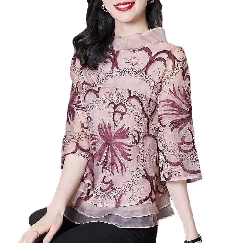 Summer Design Sense Cover Belly And Look Thin Printed Fashion Chiffon Blouse Women