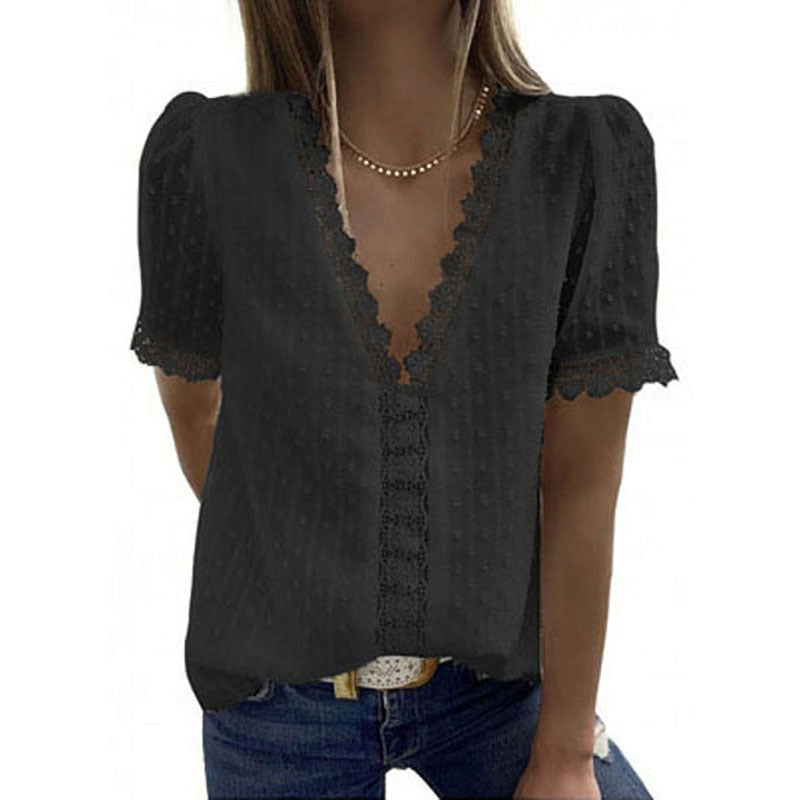 Summer New Solid Color Jacquard V-Neck Short-Sleeved Blouse Women