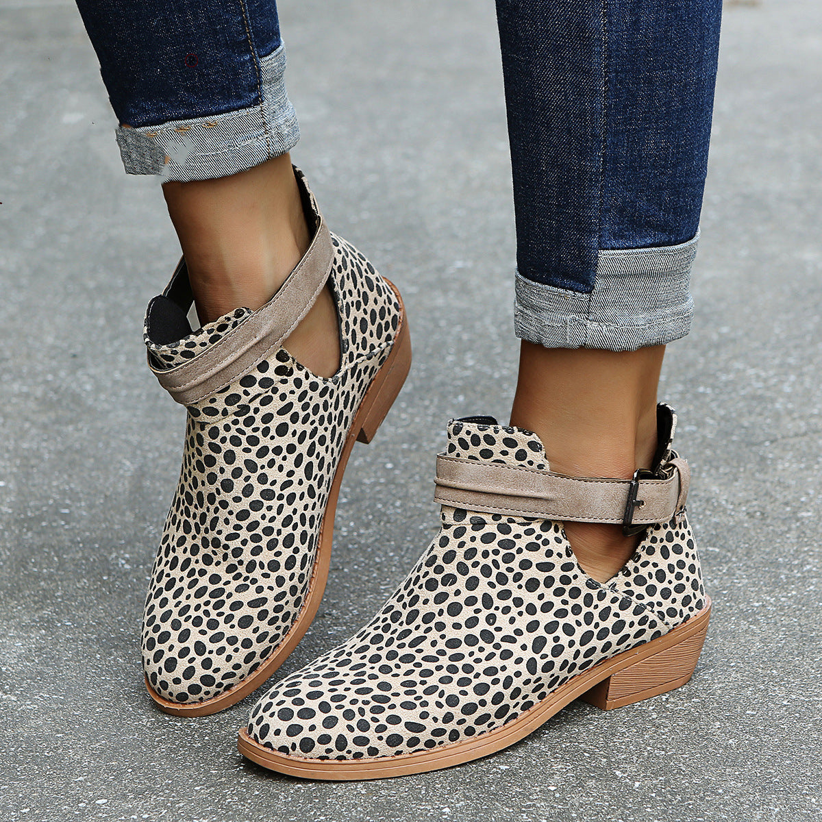 Buckle Ankle Boots Leopard V Cutout Shoes For Women