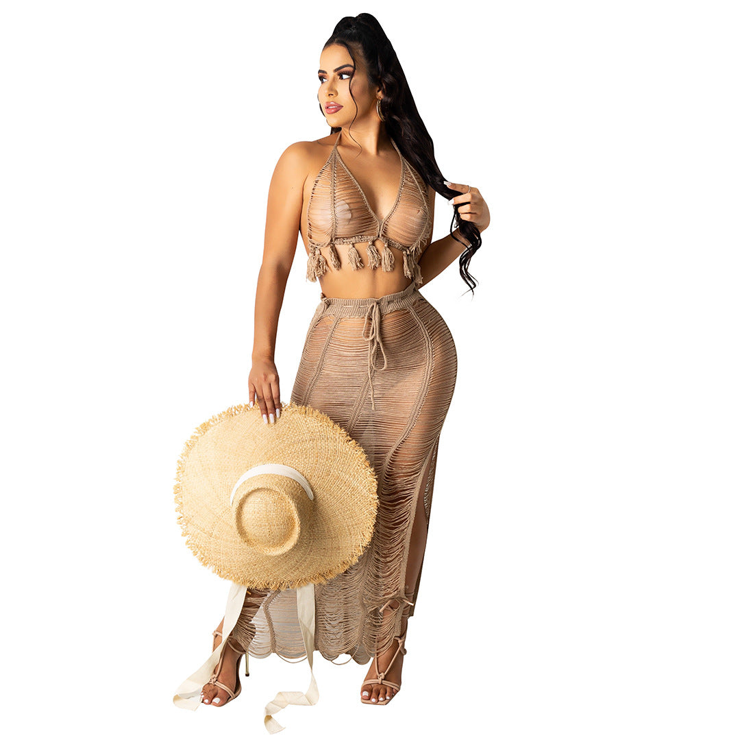 Women's Sexy Knitted Suit Hollow Swimsuit Two-piece Skirt - taylorkinfo