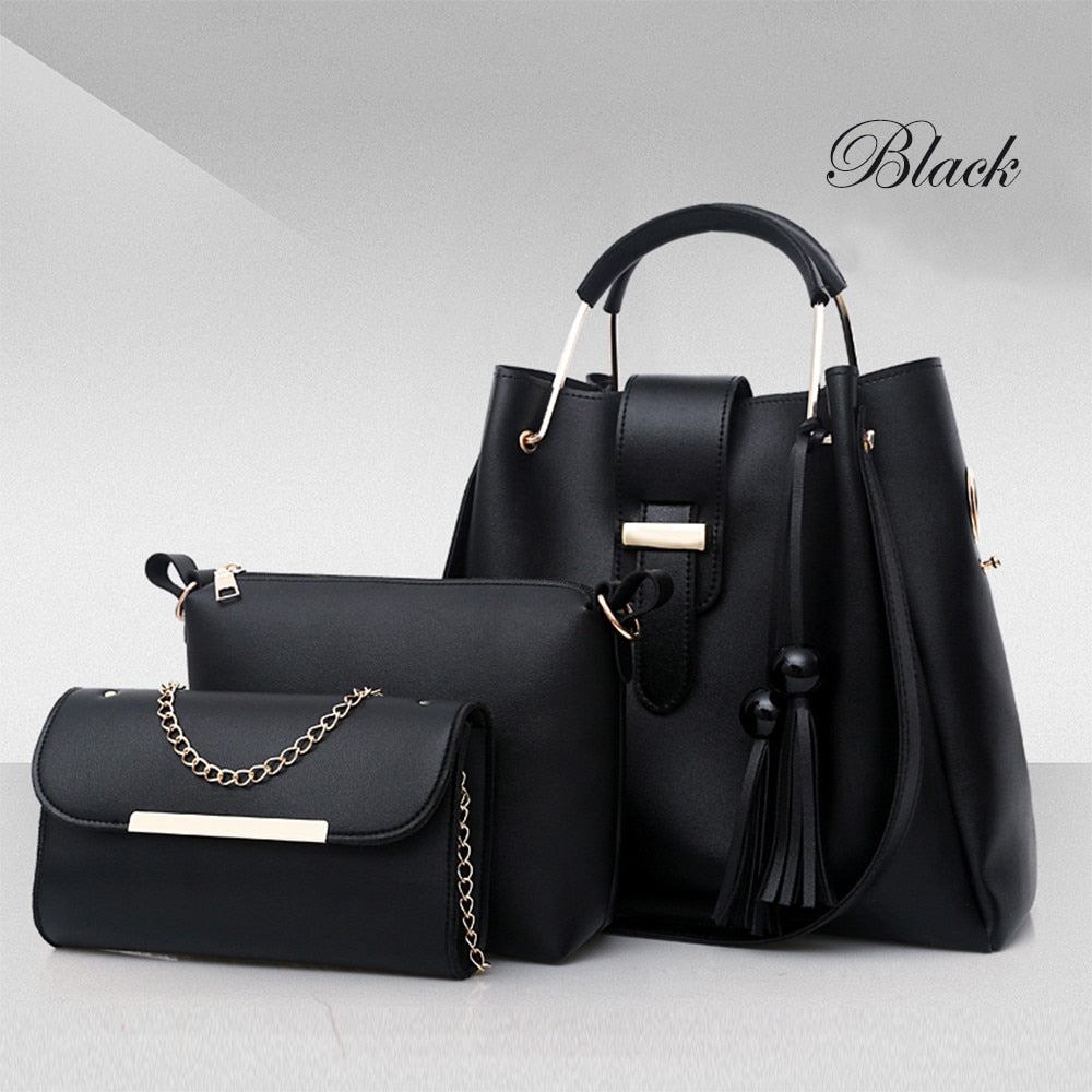 Women 3Pcs Or Set Handbags PU Leather Shoulder Bags Casual Tote Bag Tassel Metal Handle Designer Composite Bags - taylorkinfo