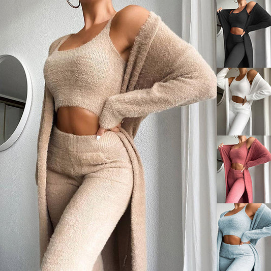 Women Fashion Solid Fluffy Plain Crop Top & Skinny Pants & Longline Coat Set Warm Cozy Suit Sets - taylorkinfo