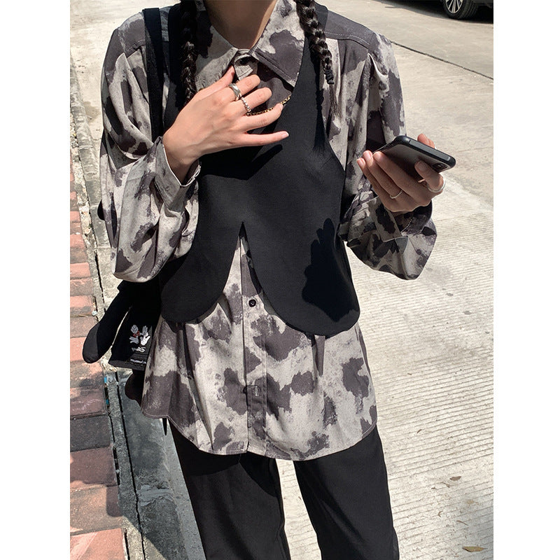 Blouse Long Sleeve Black Gray Color Block Leopard Shirt Button Up Chain Top Single-Breasted Womens Blouses Loose