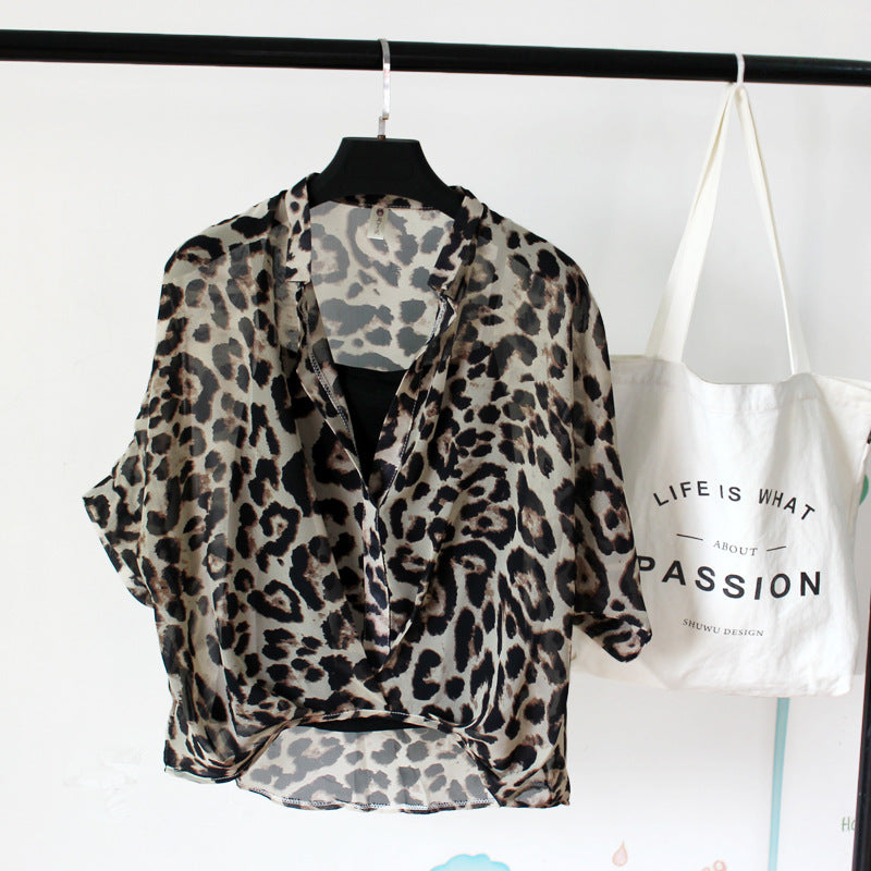 Seven-point Bat-sleeve Leopard-print Chiffon Shirt Summer Blouse Women