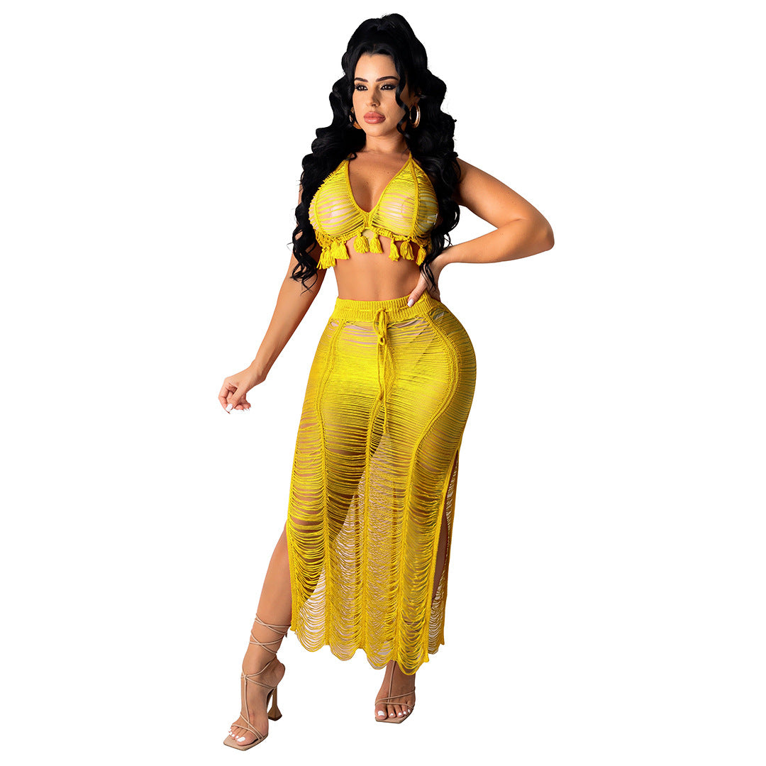 Women's Sexy Knitted Suit Hollow Swimsuit Two-piece Skirt - taylorkinfo