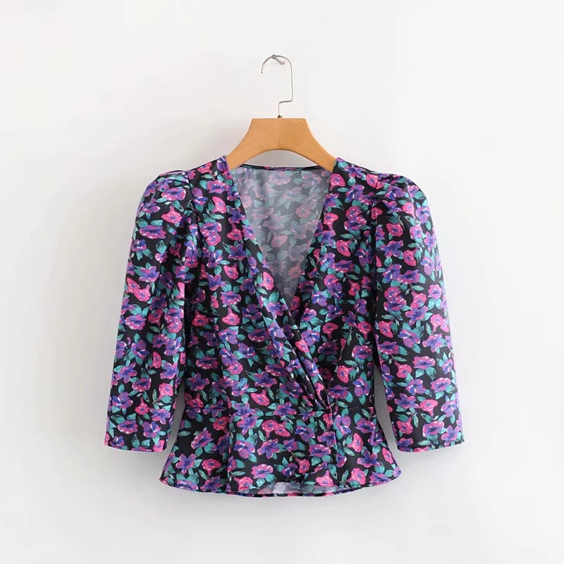 Lantern sleeve printed blouse shirt