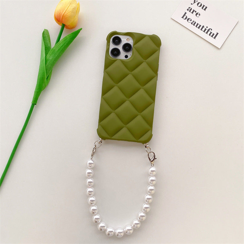 Skin Feeling Diamond Chanel's Style Applicable To IP14 Phone Case Pearl Chain