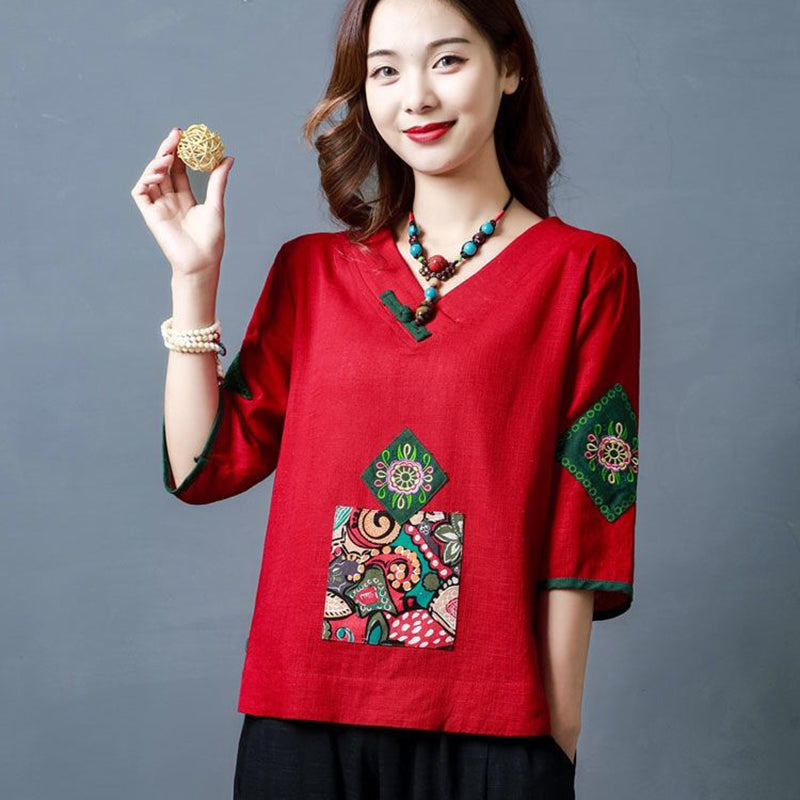 Spring And Summer Women's Casual V-neck Ethnic Cotton And Linen Blouse