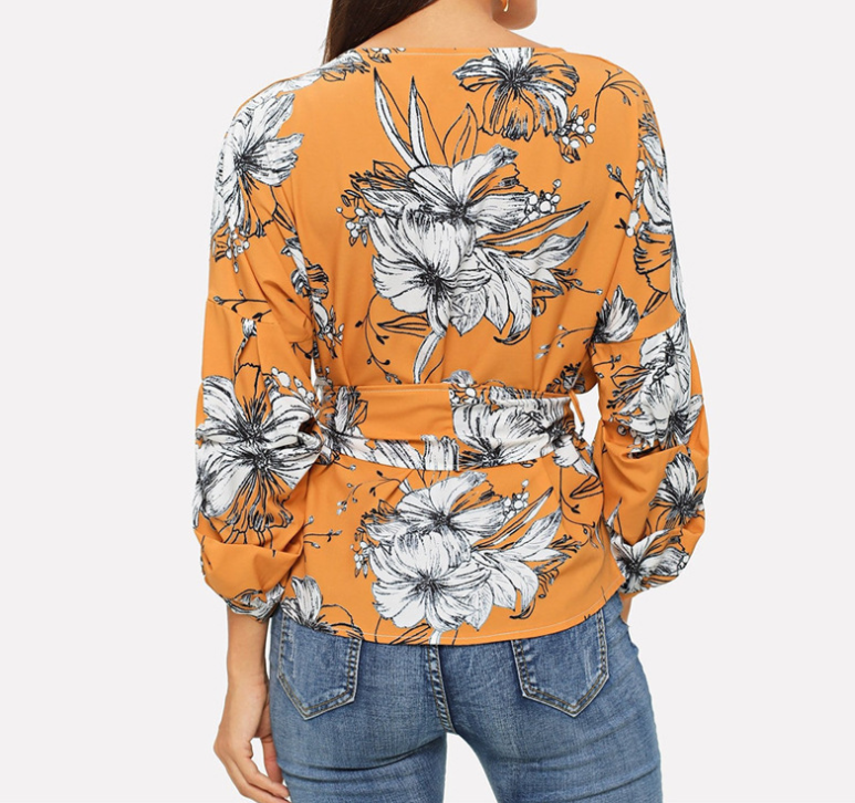 2021 Summer New Amazon Explosion Digital Printed Belt Lantern Sleeve Blouse Shirt