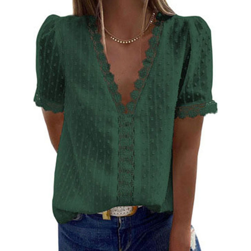 Summer New Solid Color Jacquard V-Neck Short-Sleeved Blouse Women