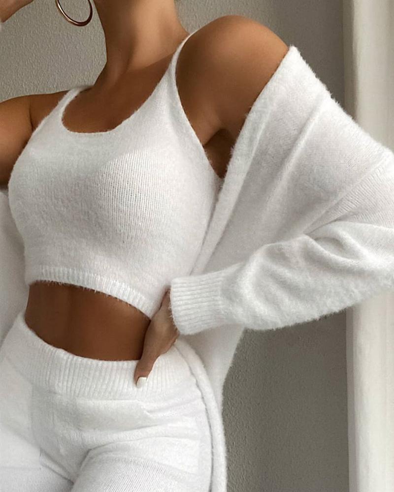 Women Fashion Solid Fluffy Plain Crop Top & Skinny Pants & Longline Coat Set Warm Cozy Suit Sets - taylorkinfo