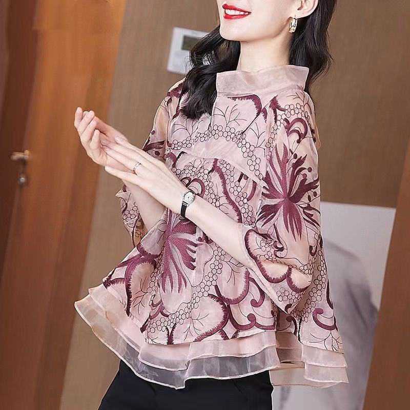 Summer Design Sense Cover Belly And Look Thin Printed Fashion Chiffon Blouse Women