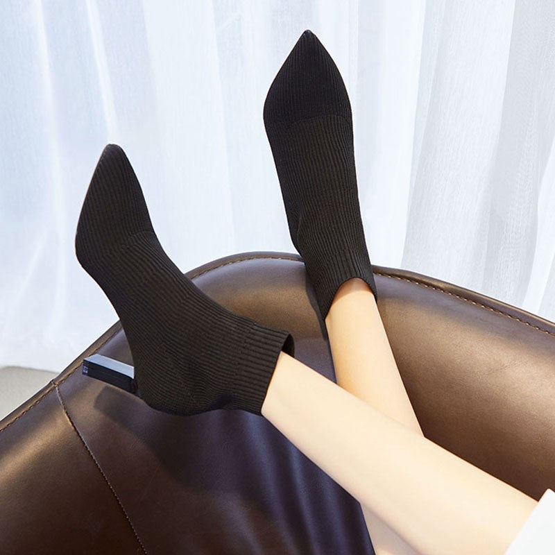 Pointed toe all-match knitted high-heeled ankle boots