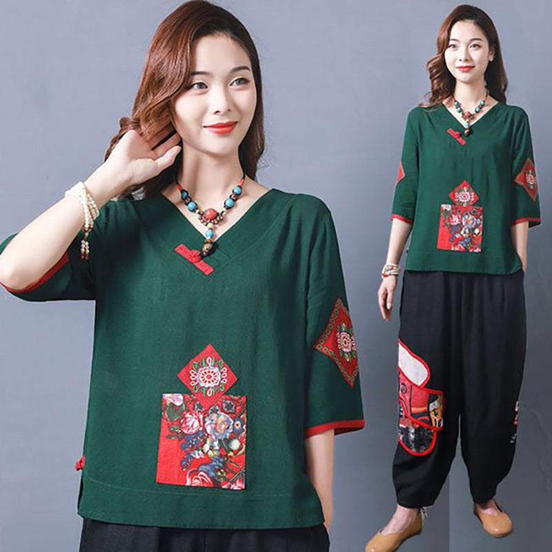 Spring And Summer Women's Casual V-neck Ethnic Cotton And Linen Blouse