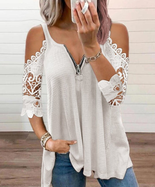 Sexy Summer Half Sleeve Lace Shirt Women Casual Zipper