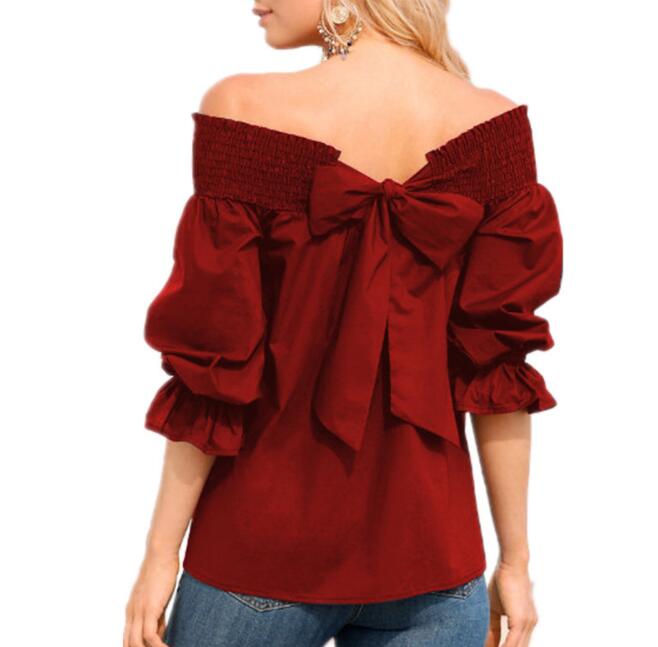 Off Shoulder Tops Spring Summer Strapless Women Blouse Bowknot Slash Neck Shirts Casual Loose Blusas Plus Size