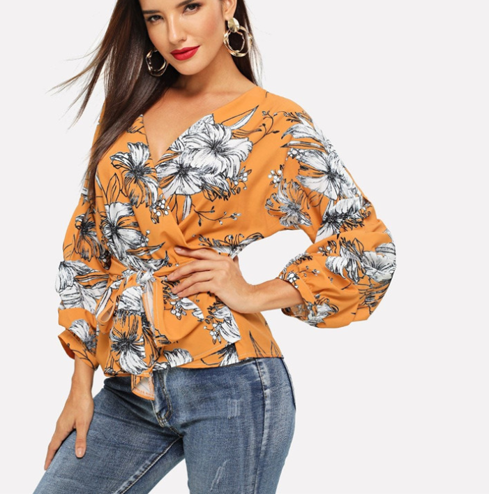 2021 Summer New Amazon Explosion Digital Printed Belt Lantern Sleeve Blouse Shirt