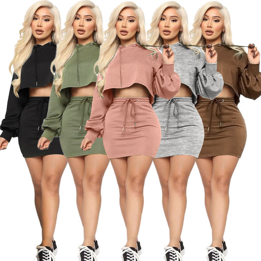 Two-piece sexy hooded strappy solid color skirt suit - taylorkinfo