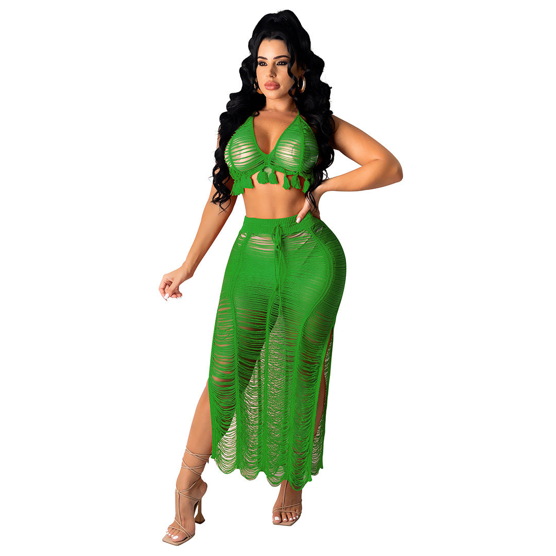 Women's Sexy Knitted Suit Hollow Swimsuit Two-piece Skirt - taylorkinfo