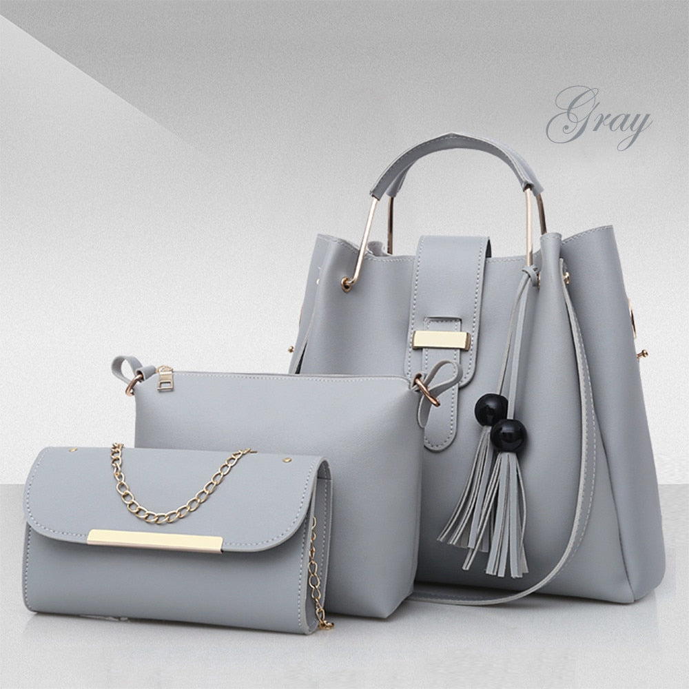 Women 3Pcs Or Set Handbags PU Leather Shoulder Bags Casual Tote Bag Tassel Metal Handle Designer Composite Bags - taylorkinfo