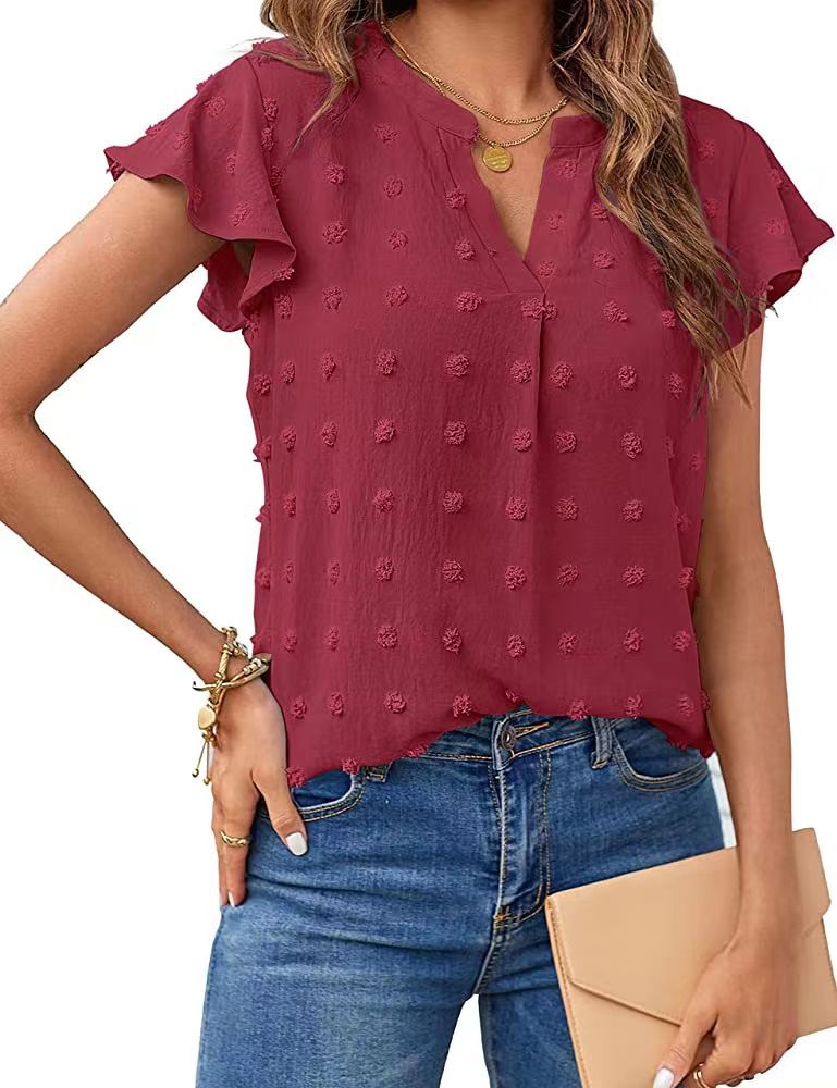 Women Summer V Neck Ruffle Short Sleeve Blouse Dot Flowy Shirt Top