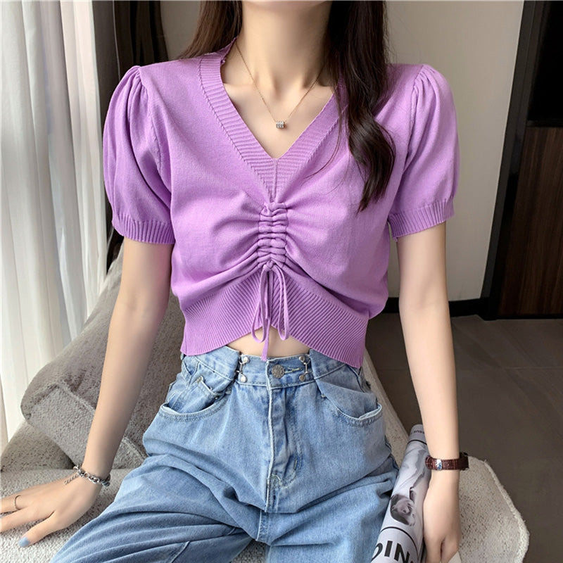 Women's V-neck Blouse Summer Knit Short Sleeve