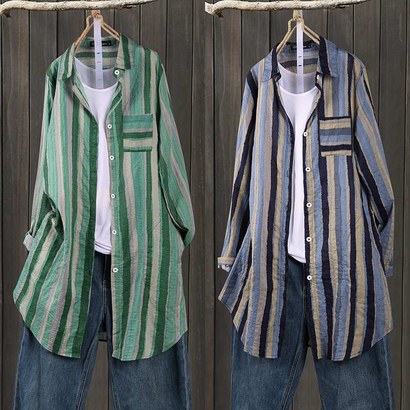 Women Autumn Stripe Lapel Neck Blouses Loose  Tops