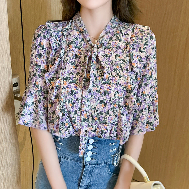 Top Woman Summer Blouse New Floral Bow Chiffon Shirts Loose