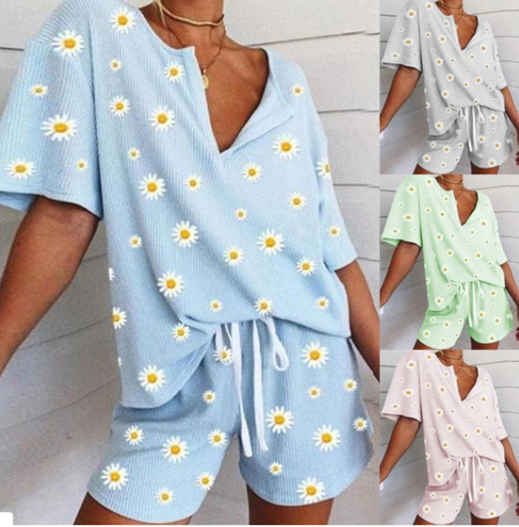 Two-piece Home Service Summer Digital Print Little Daisy Short-sleeved Blouse Women