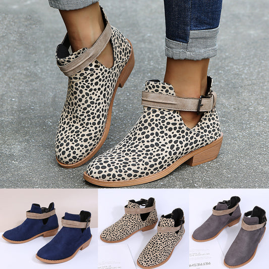 Buckle Ankle Boots Leopard V Cutout Shoes For Women