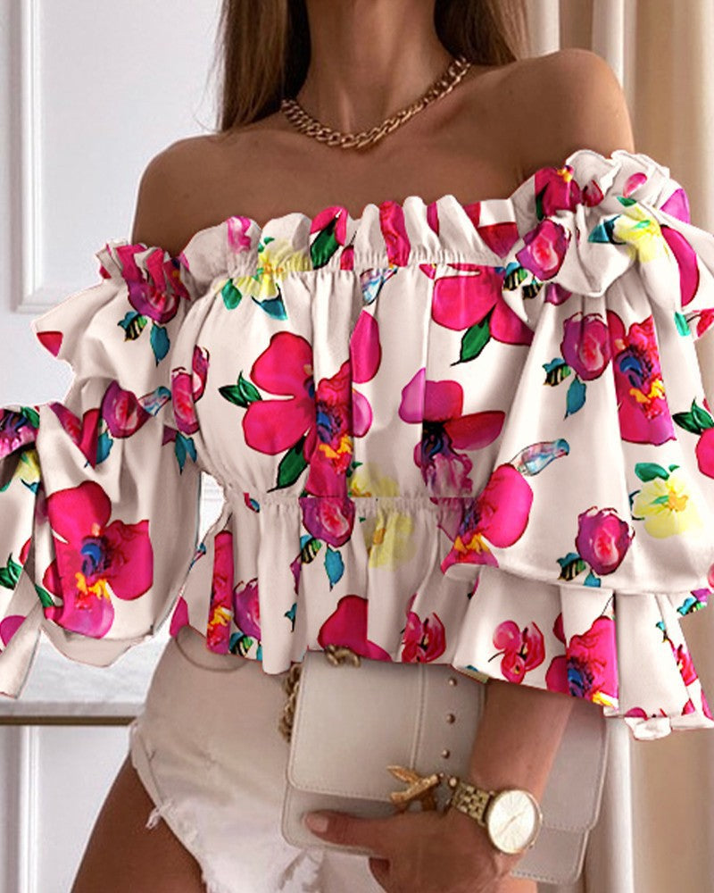 Summer New Style Collar Sexy Fashion Long-sleeved Waist Short Blouse Women