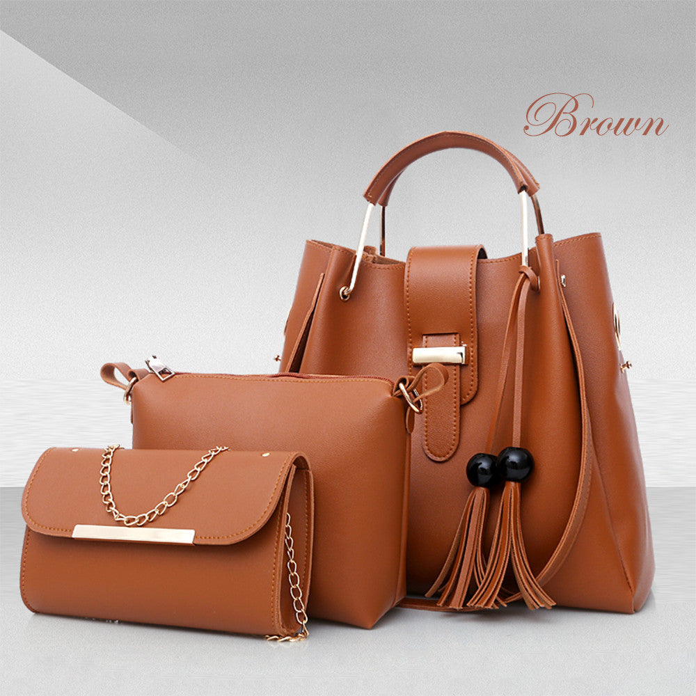 Women 3Pcs Or Set Handbags PU Leather Shoulder Bags Casual Tote Bag Tassel Metal Handle Designer Composite Bags - taylorkinfo