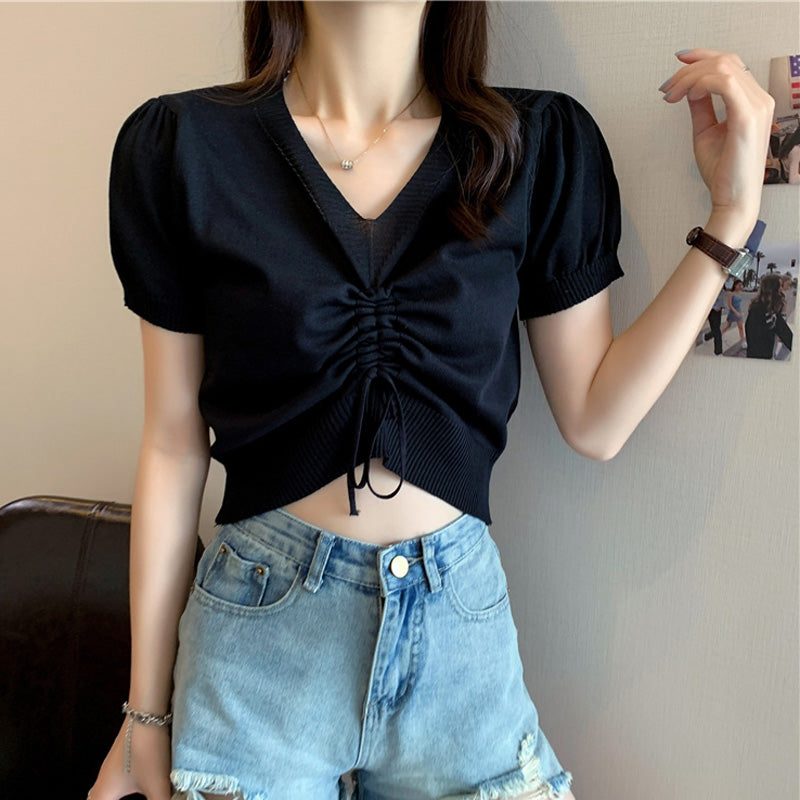 Women's V-neck Blouse Summer Knit Short Sleeve