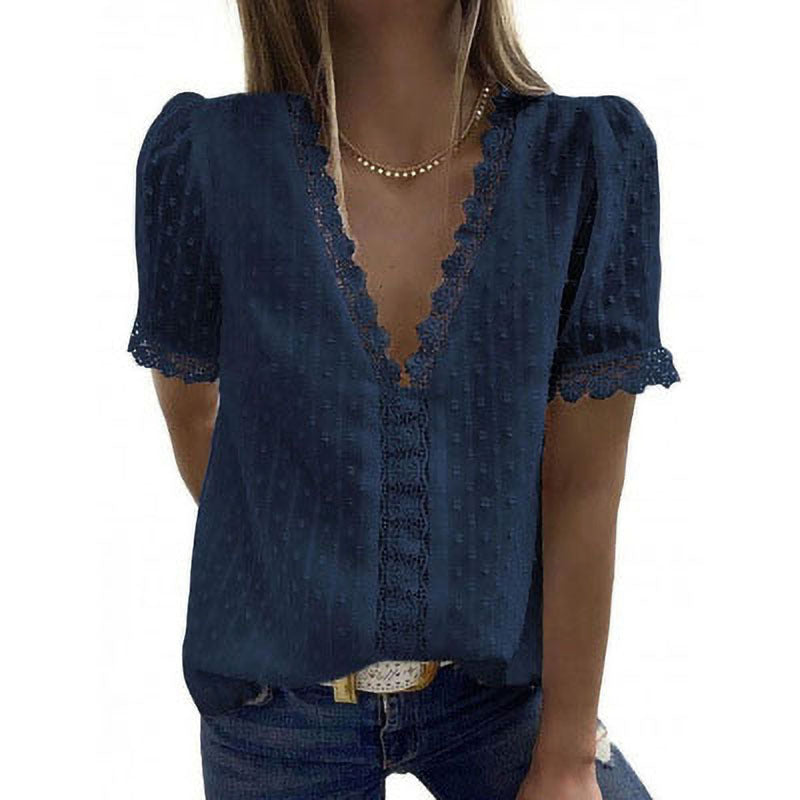 Summer New Solid Color Jacquard V-Neck Short-Sleeved Blouse Women